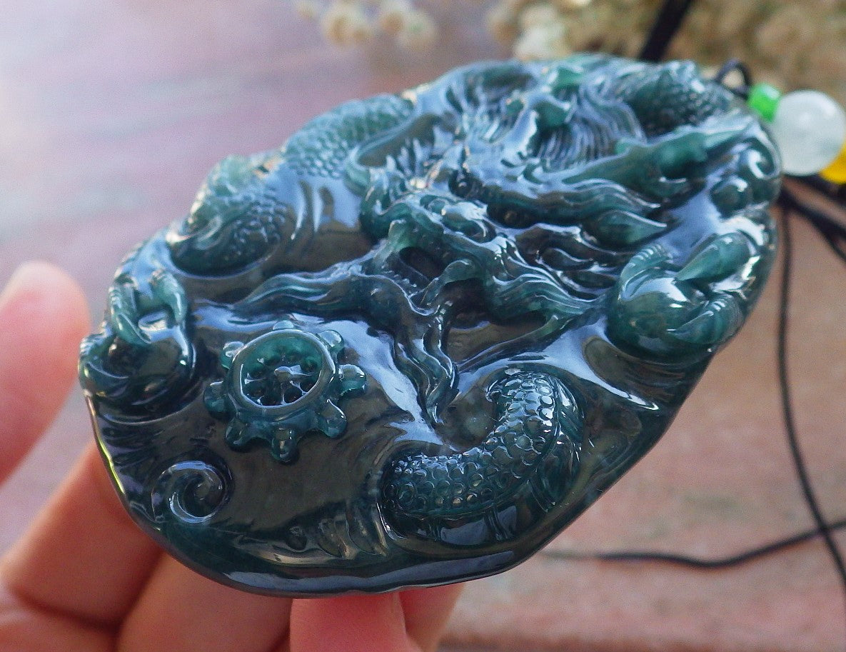Certified Icy Blue Water Green Burma 100% Natural A Jade jadeite Pendant Dragon Bead Necklace 生意兴隆 640046 TN