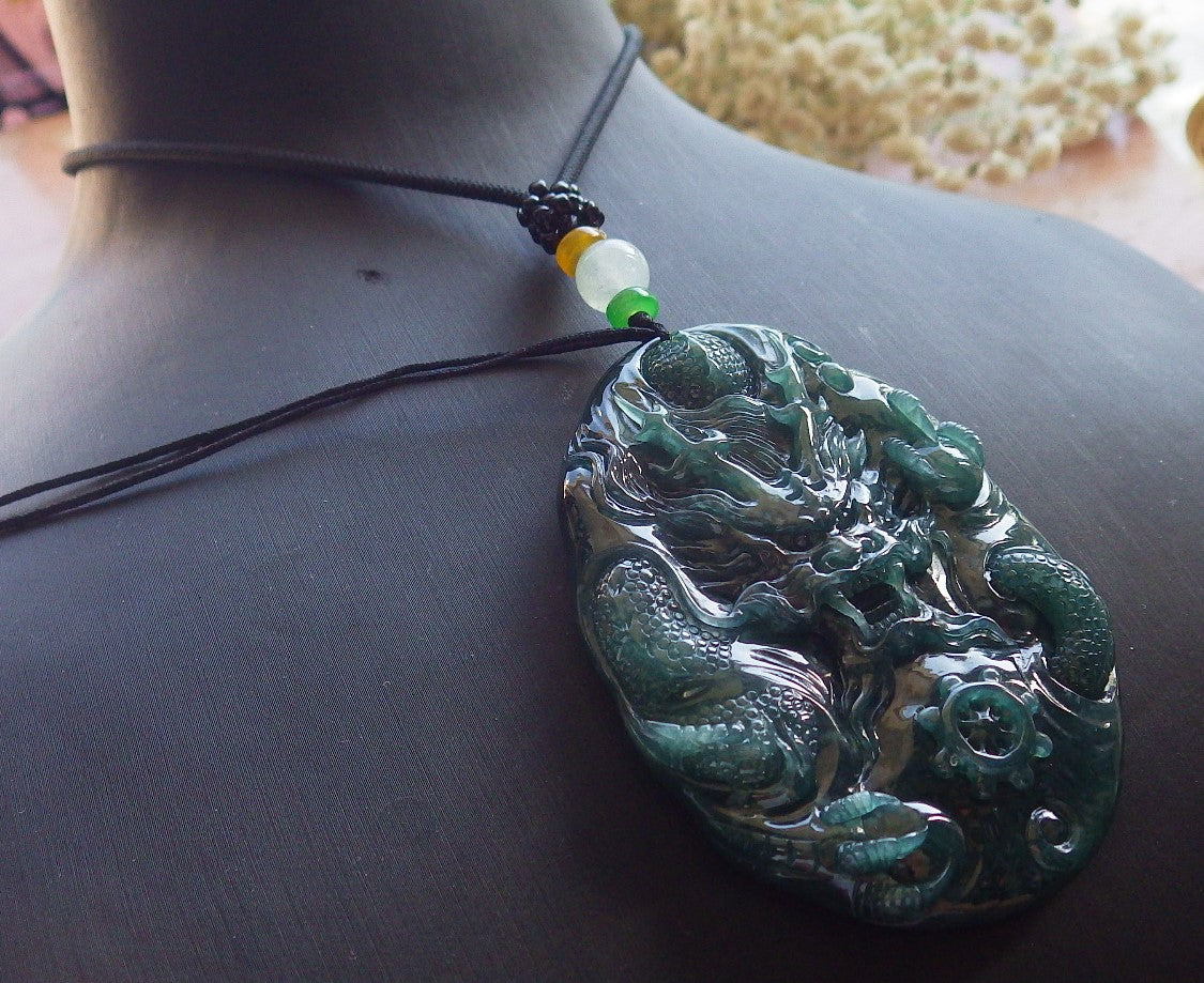 Certified Icy Blue Water Green Burma 100% Natural A Jade jadeite Pendant Dragon Bead Necklace 生意兴隆 640046 TN