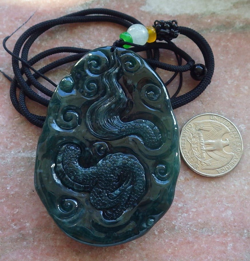 Certified Icy Blue Water Green Burma 100% Natural A Jade jadeite Pendant Dragon Bead Necklace 生意兴隆 640046 TN