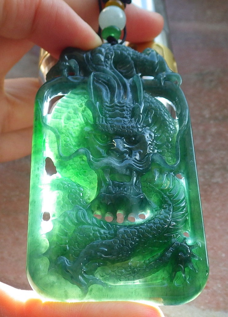 Certified Icy Green Burma 100% Natural A Jade jadeite Pendant Dragon Money Coin Necklace 生意兴隆 640116 TN
