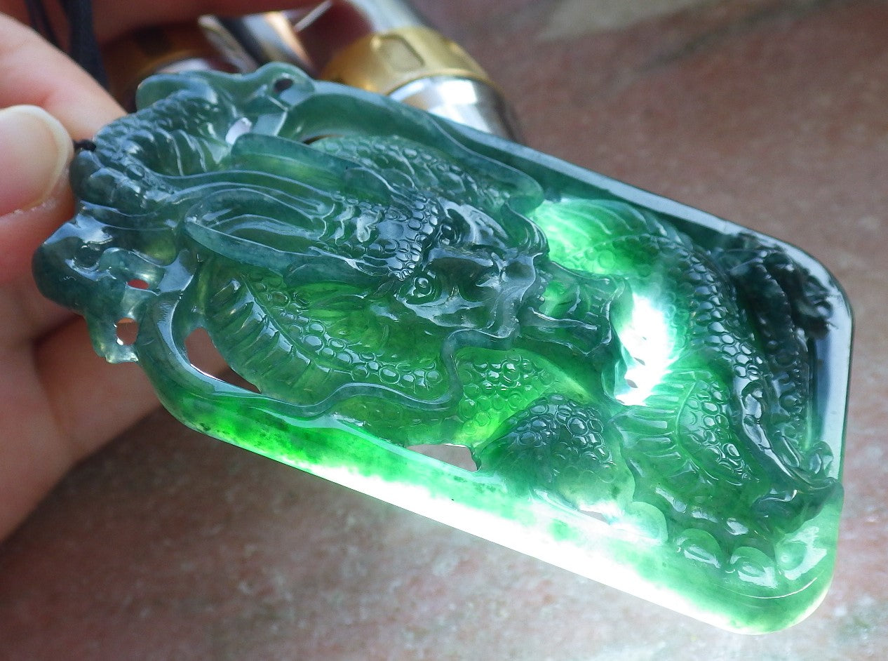 Certified Icy Green Burma 100% Natural A Jade jadeite Pendant Dragon Money Coin Necklace 生意兴隆 640116 TN