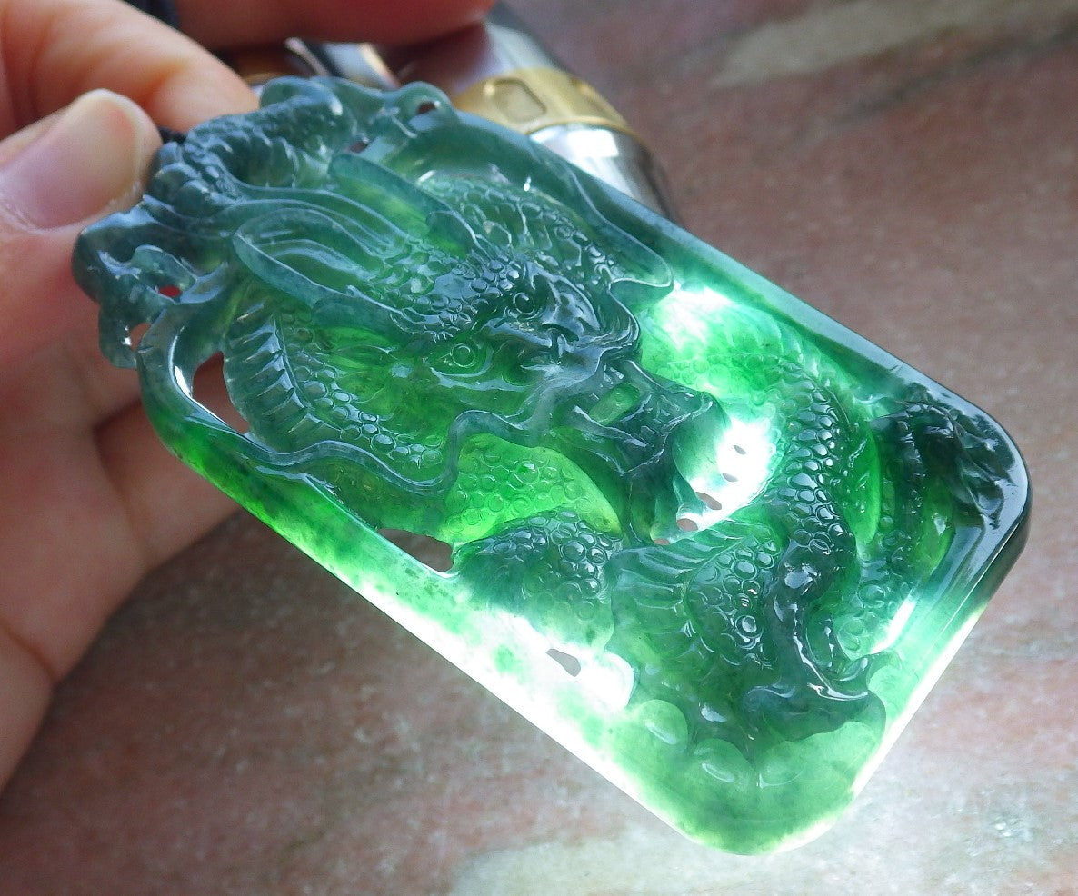 Certified Icy Green Burma 100% Natural A Jade jadeite Pendant Dragon Money Coin Necklace 生意兴隆 640116 TN