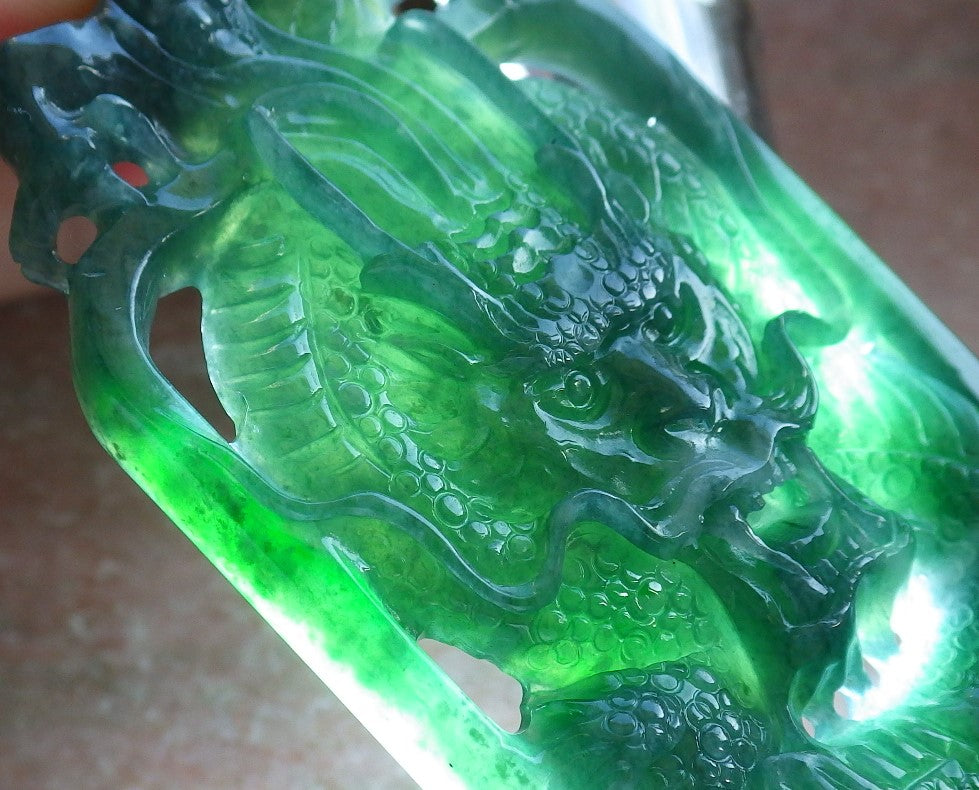 Certified Icy Green Burma 100% Natural A Jade jadeite Pendant Dragon Money Coin Necklace 生意兴隆 640116 TN