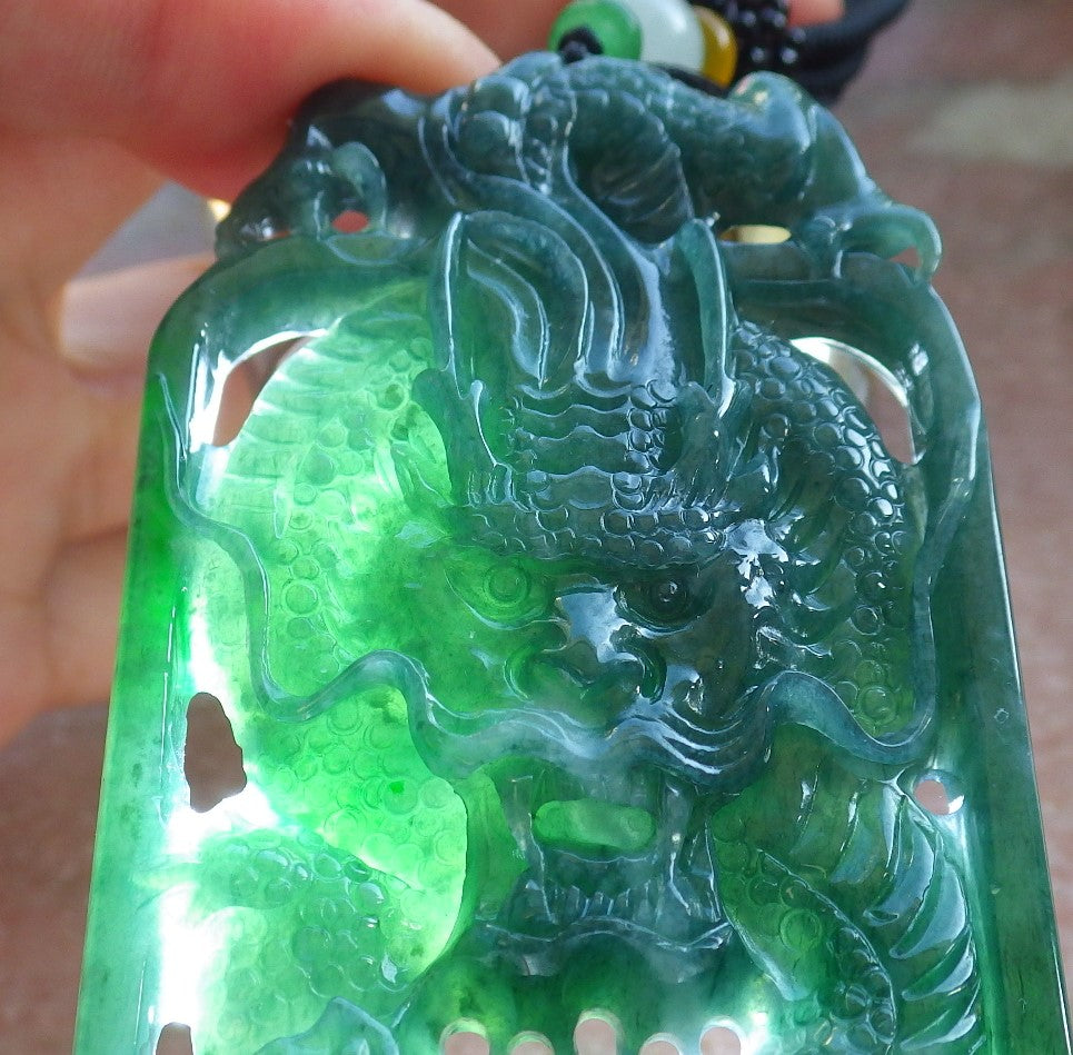 Certified Icy Green Burma 100% Natural A Jade jadeite Pendant Dragon Money Coin Necklace 生意兴隆 640116 TN