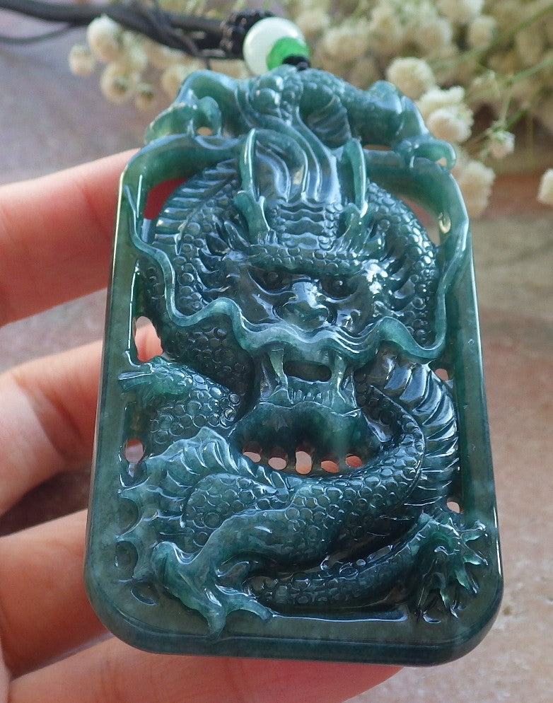 Certified Icy Green Burma 100% Natural A Jade jadeite Pendant Dragon Money Coin Necklace 生意兴隆 640116 TN