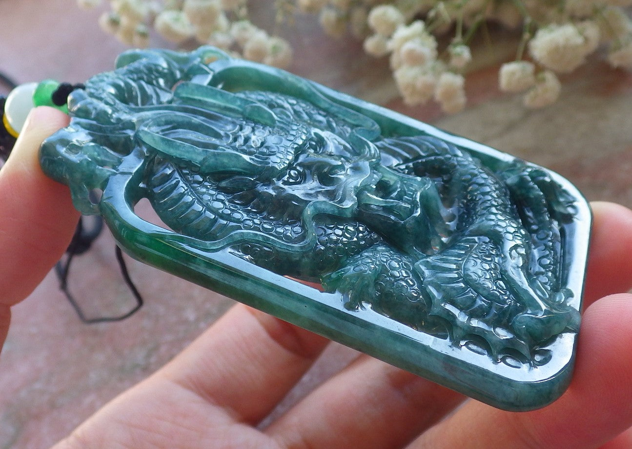 Certified Icy Green Burma 100% Natural A Jade jadeite Pendant Dragon Money Coin Necklace 生意兴隆 640116 TN