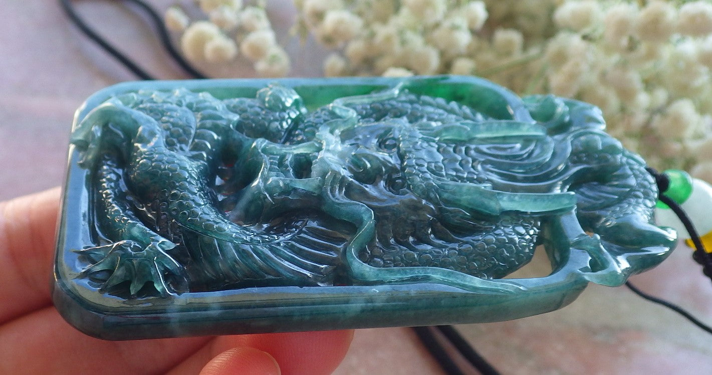 Certified Icy Green Burma 100% Natural A Jade jadeite Pendant Dragon Money Coin Necklace 生意兴隆 640116 TN