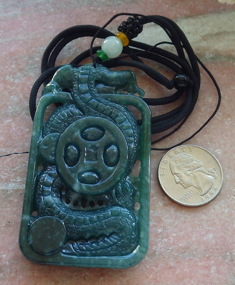 Certified Icy Green Burma 100% Natural A Jade jadeite Pendant Dragon Money Coin Necklace 生意兴隆 640116 TN