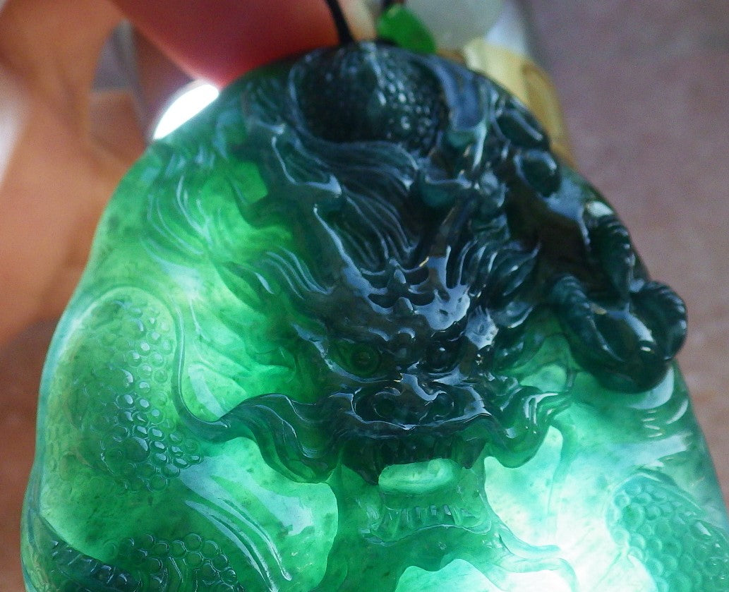 Certified Icy Blue Water Green Burma 100% Natural A Jade jadeite Pendant Dragon Bead Necklace 生意兴隆 640147 TN