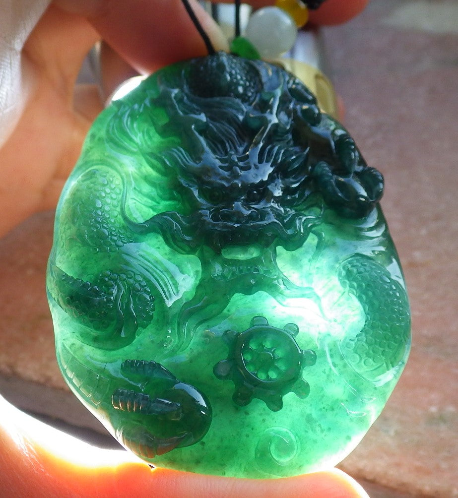 Certified Icy Blue Water Green Burma 100% Natural A Jade jadeite Pendant Dragon Bead Necklace 生意兴隆 640147 TN