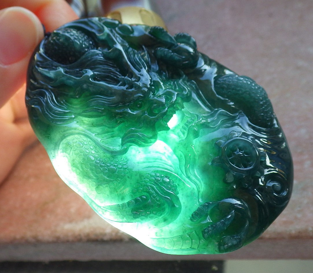 Certified Icy Blue Water Green Burma 100% Natural A Jade jadeite Pendant Dragon Bead Necklace 生意兴隆 640147 TN