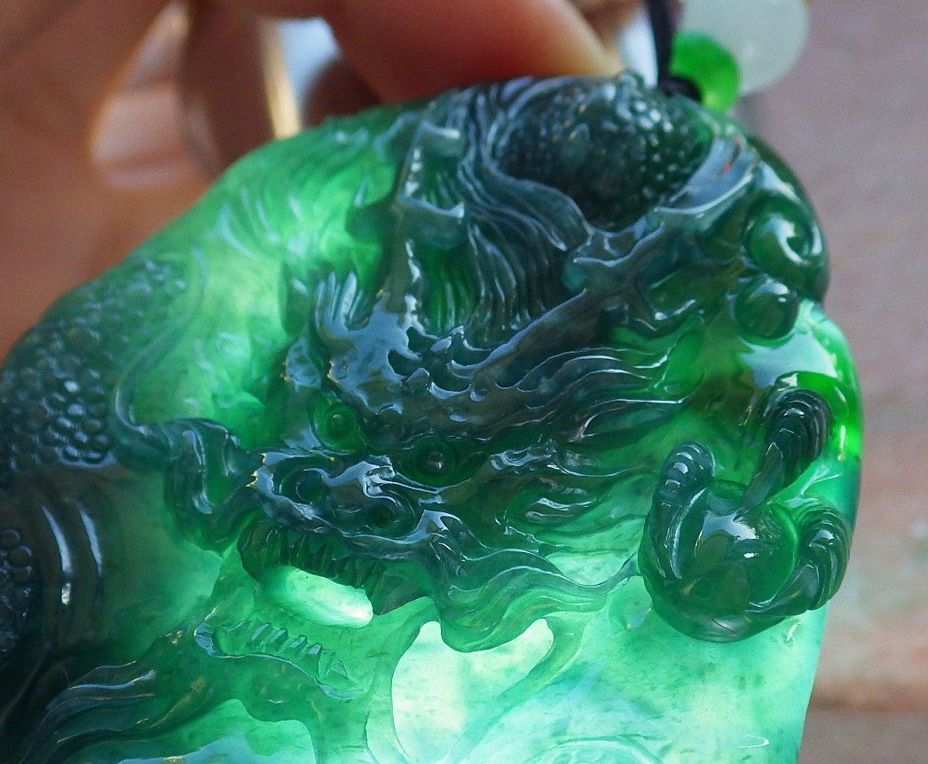 Certified Icy Blue Water Green Burma 100% Natural A Jade jadeite Pendant Dragon Bead Necklace 生意兴隆 640147 TN