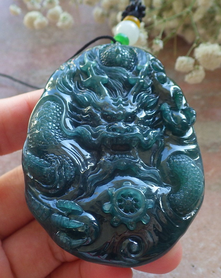 Certified Icy Blue Water Green Burma 100% Natural A Jade jadeite Pendant Dragon Bead Necklace 生意兴隆 640147 TN