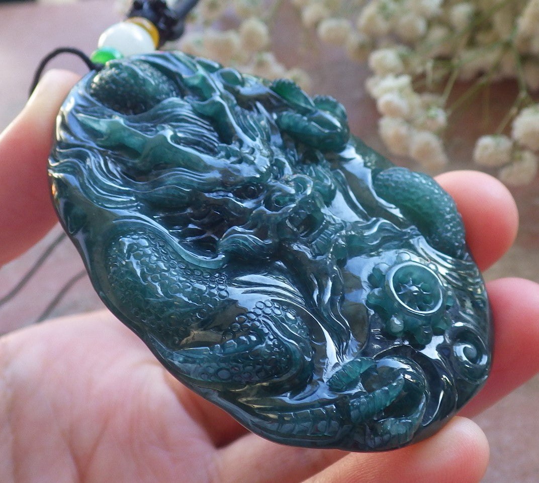 Certified Icy Blue Water Green Burma 100% Natural A Jade jadeite Pendant Dragon Bead Necklace 生意兴隆 640147 TN