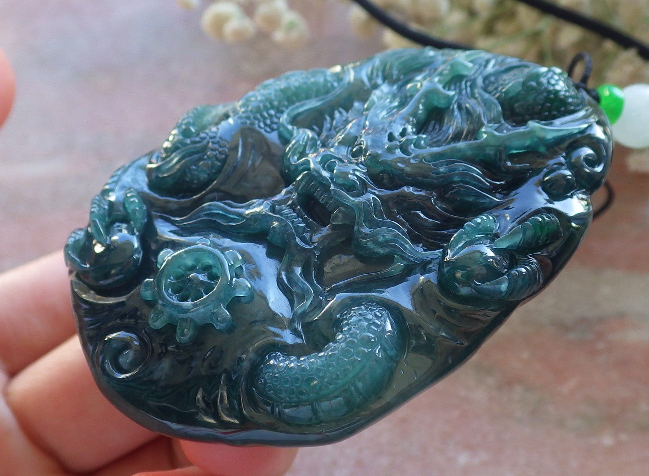 Certified Icy Blue Water Green Burma 100% Natural A Jade jadeite Pendant Dragon Bead Necklace 生意兴隆 640147 TN