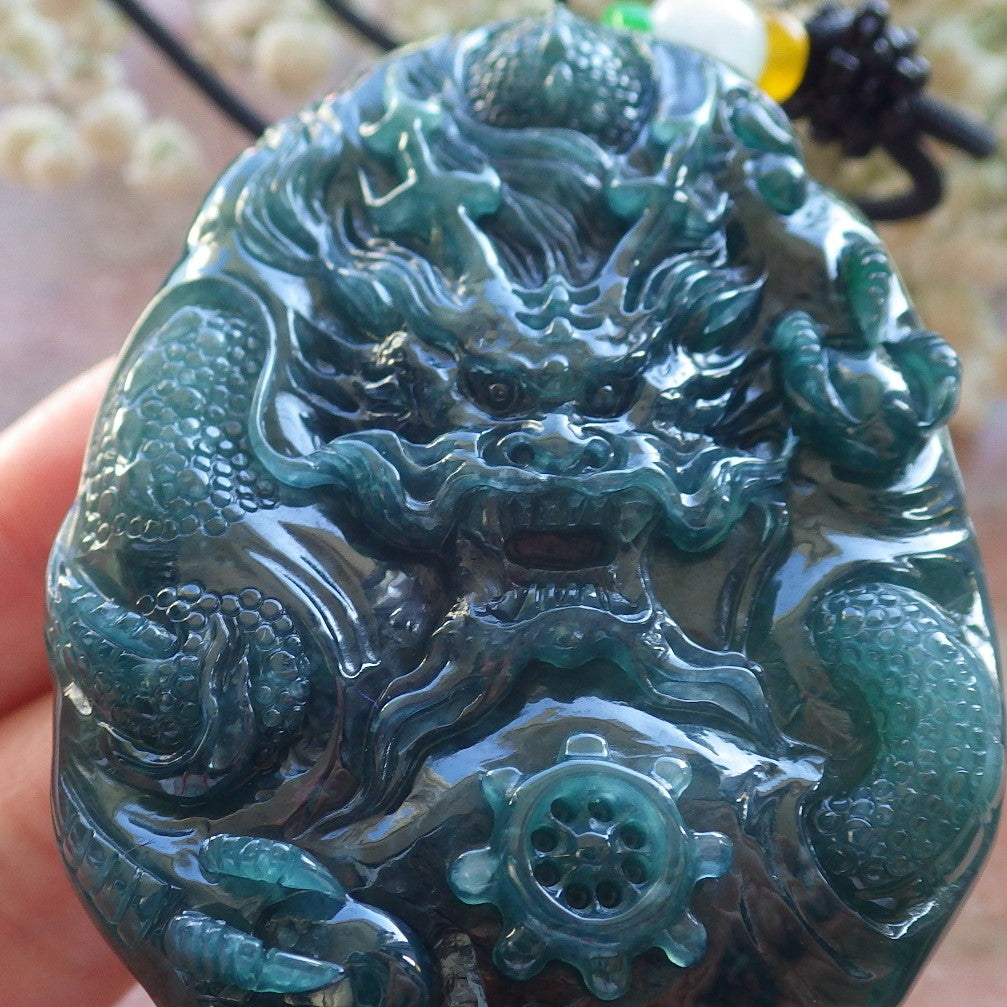 Certified Icy Blue Water Green Burma 100% Natural A Jade jadeite Pendant Dragon Bead Necklace 生意兴隆 640147 TN
