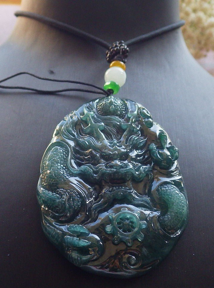 Certified Icy Blue Water Green Burma 100% Natural A Jade jadeite Pendant Dragon Bead Necklace 生意兴隆 640147 TN