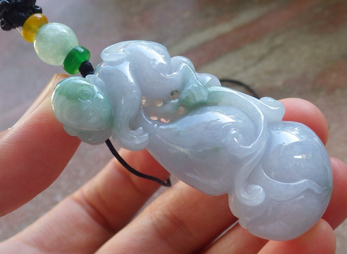 Certified Green Pale Lavender Burma 100% Natural A Jade jadeite Pendant Monkey Gourd Necklace 猴子 640160 TN