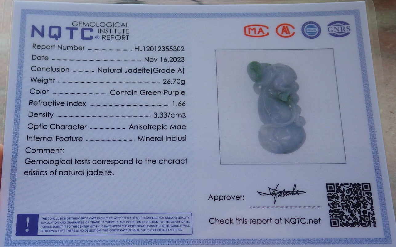 Certified Green Pale Lavender Burma 100% Natural A Jade jadeite Pendant Monkey Gourd Necklace 猴子 640160 TN