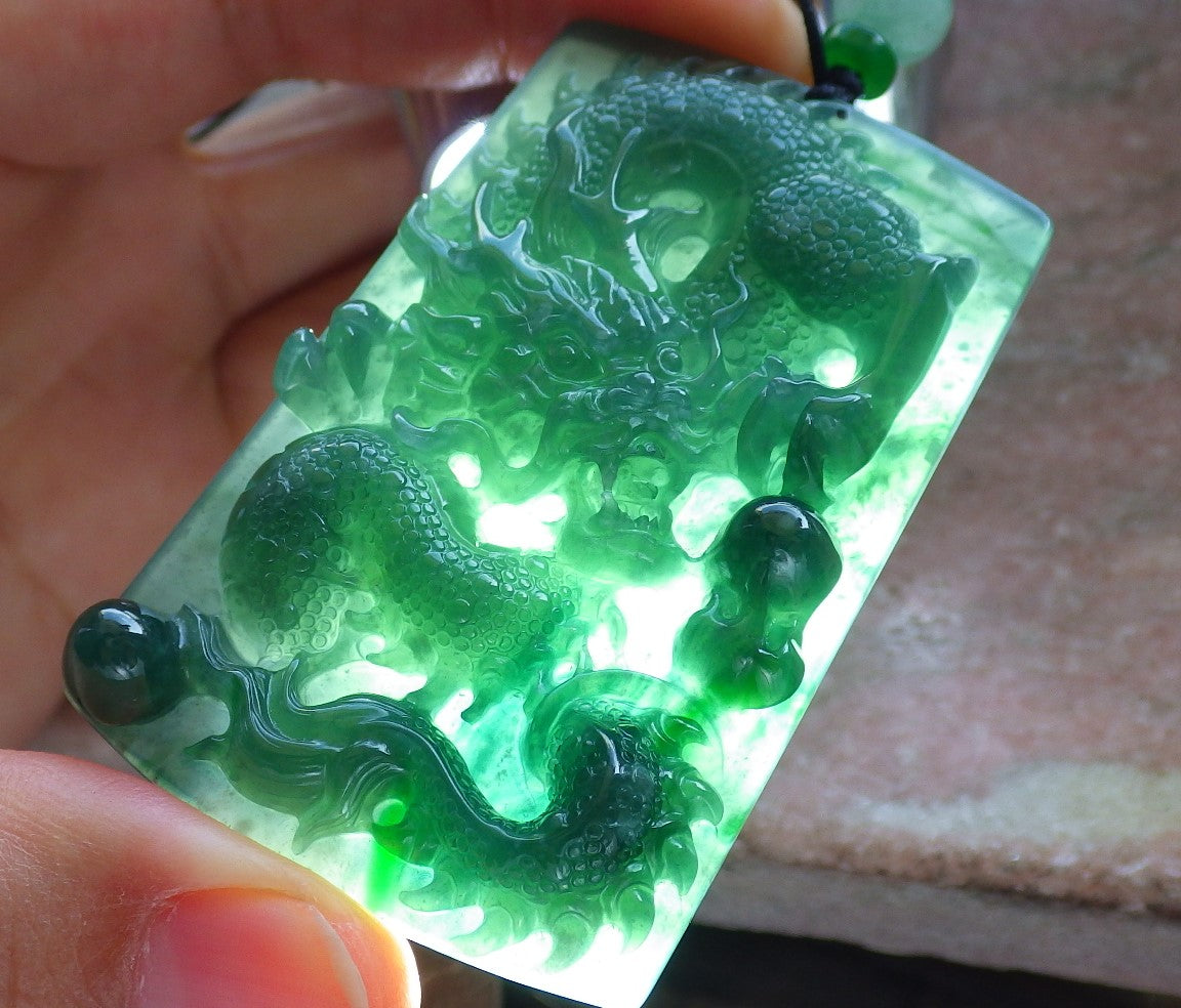 Certified Icy Green Burma 100% Natural A Jade jadeite Pendant Dragon Bead Necklace 生意兴隆 640196 TN