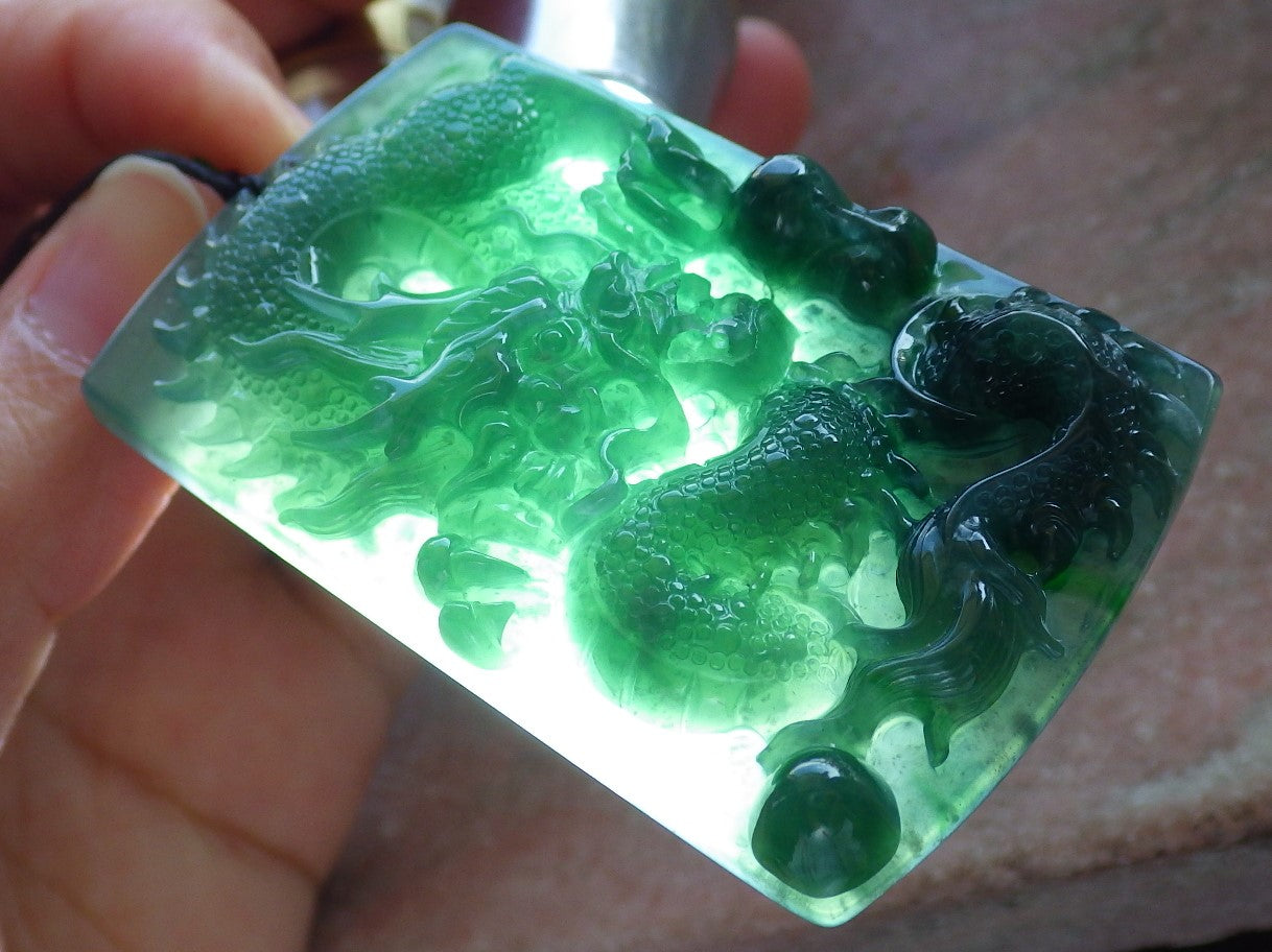 Certified Icy Green Burma 100% Natural A Jade jadeite Pendant Dragon Bead Necklace 生意兴隆 640196 TN