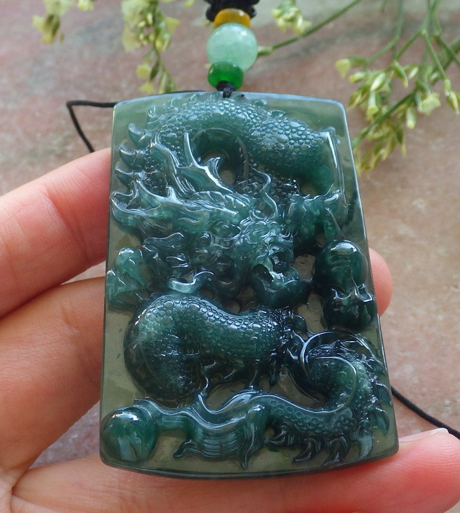 Certified Icy Green Burma 100% Natural A Jade jadeite Pendant Dragon Bead Necklace 生意兴隆 640196 TN