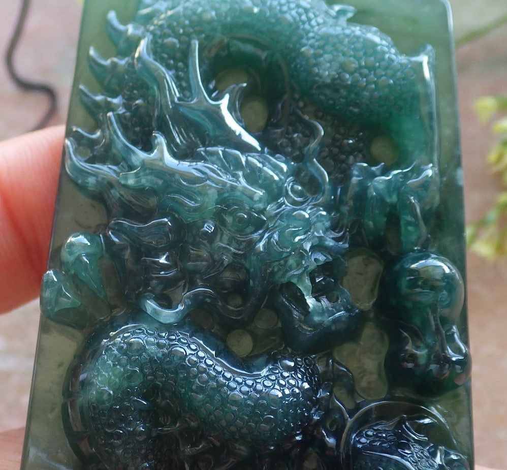 Certified Icy Green Burma 100% Natural A Jade jadeite Pendant Dragon Bead Necklace 生意兴隆 640196 TN