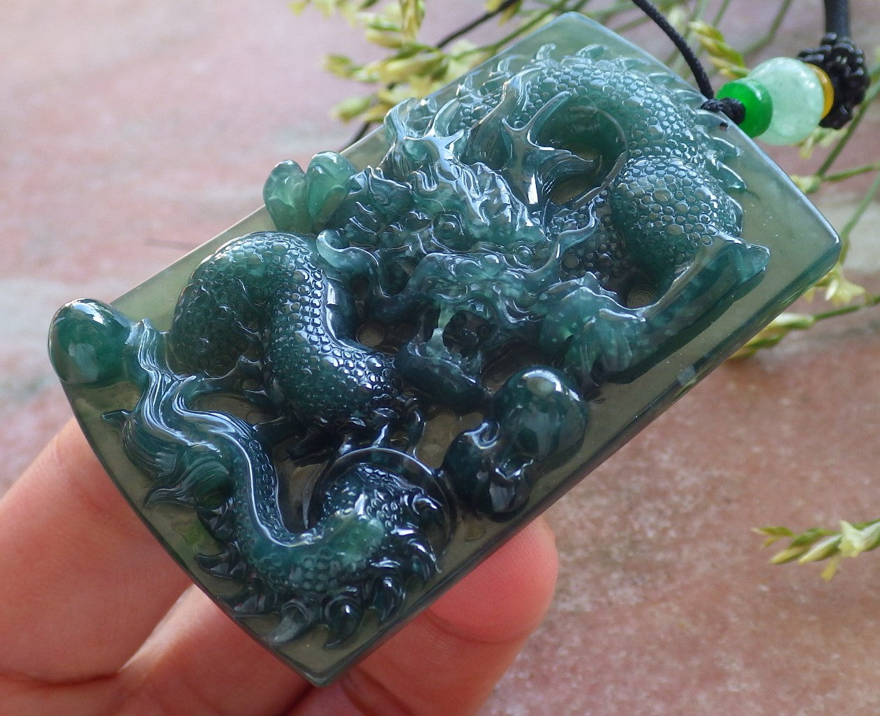 Certified Icy Green Burma 100% Natural A Jade jadeite Pendant Dragon Bead Necklace 生意兴隆 640196 TN