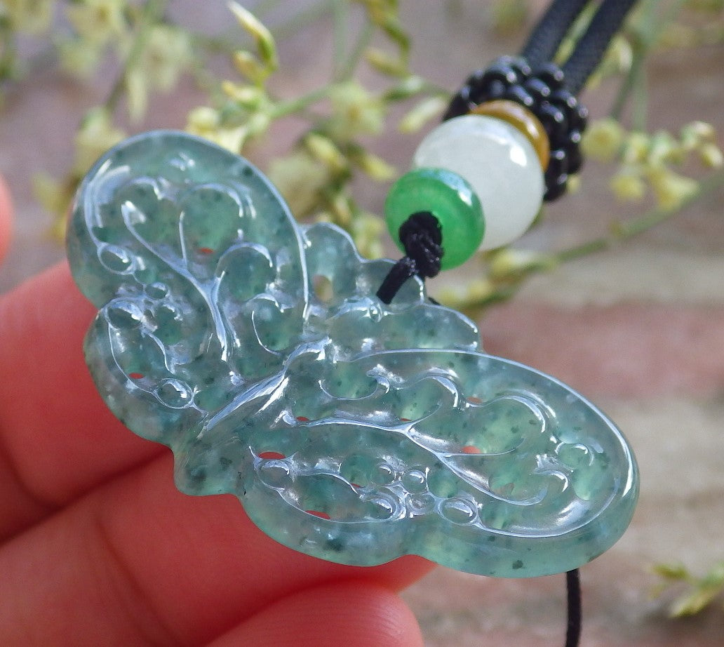 Certified Icy Green Burma 100% Natural A Jade jadeite Pendant Butterfly Neckace 蝴蝶 640206 TN