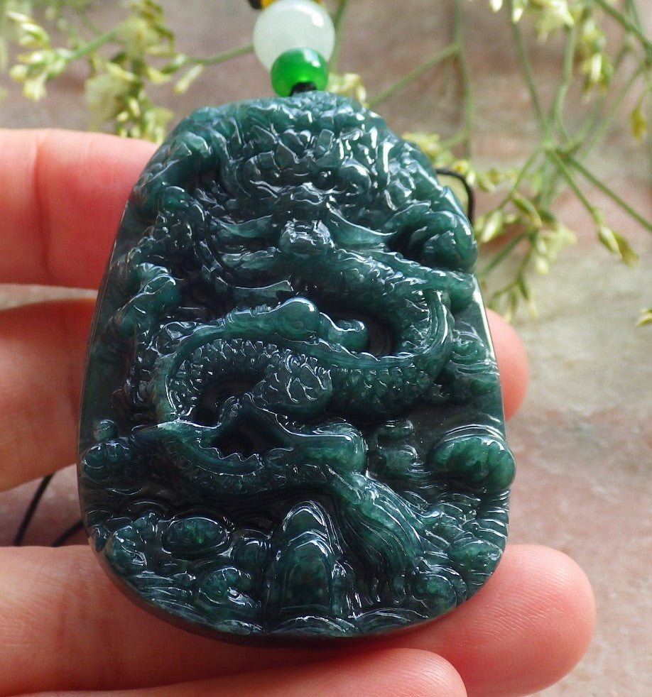 Certified Icy Green Burma 100% Natural A Jade jadeite pendant Dragon Necklace 龙腾四海 640215 TN
