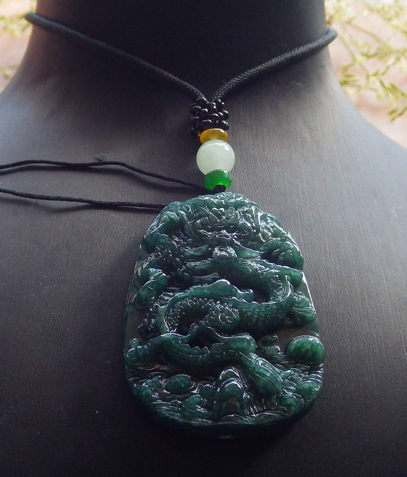 Certified Icy Green Burma 100% Natural A Jade jadeite pendant Dragon Necklace 龙腾四海 640215 TN