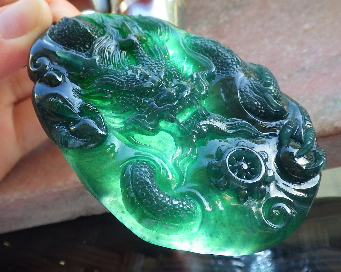 Certified Icy Blue Water Green Burma 100% Natural A Jade jadeite Pendant Dragon Bead Necklace 生意兴隆 640234 TN