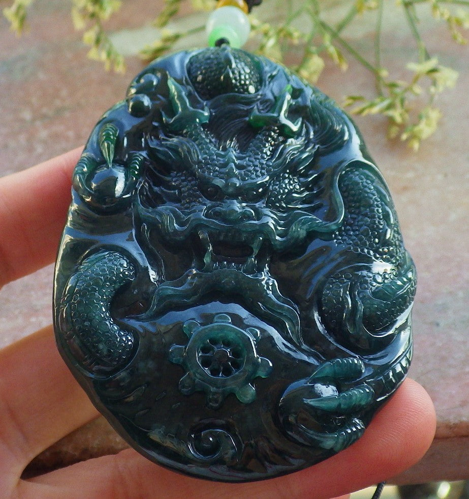 Certified Icy Blue Water Green Burma 100% Natural A Jade jadeite Pendant Dragon Bead Necklace 生意兴隆 640234 TN