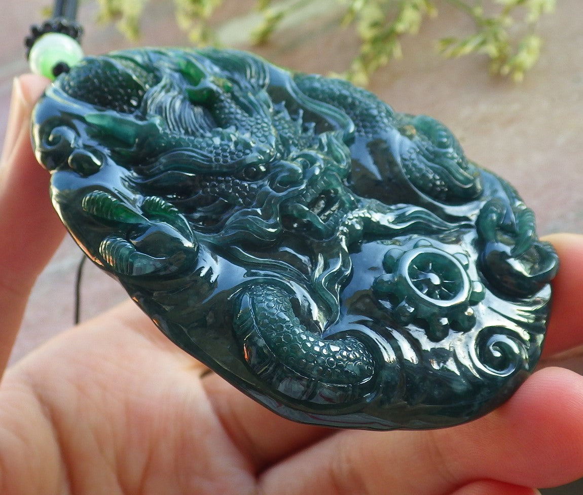 Certified Icy Blue Water Green Burma 100% Natural A Jade jadeite Pendant Dragon Bead Necklace 生意兴隆 640234 TN