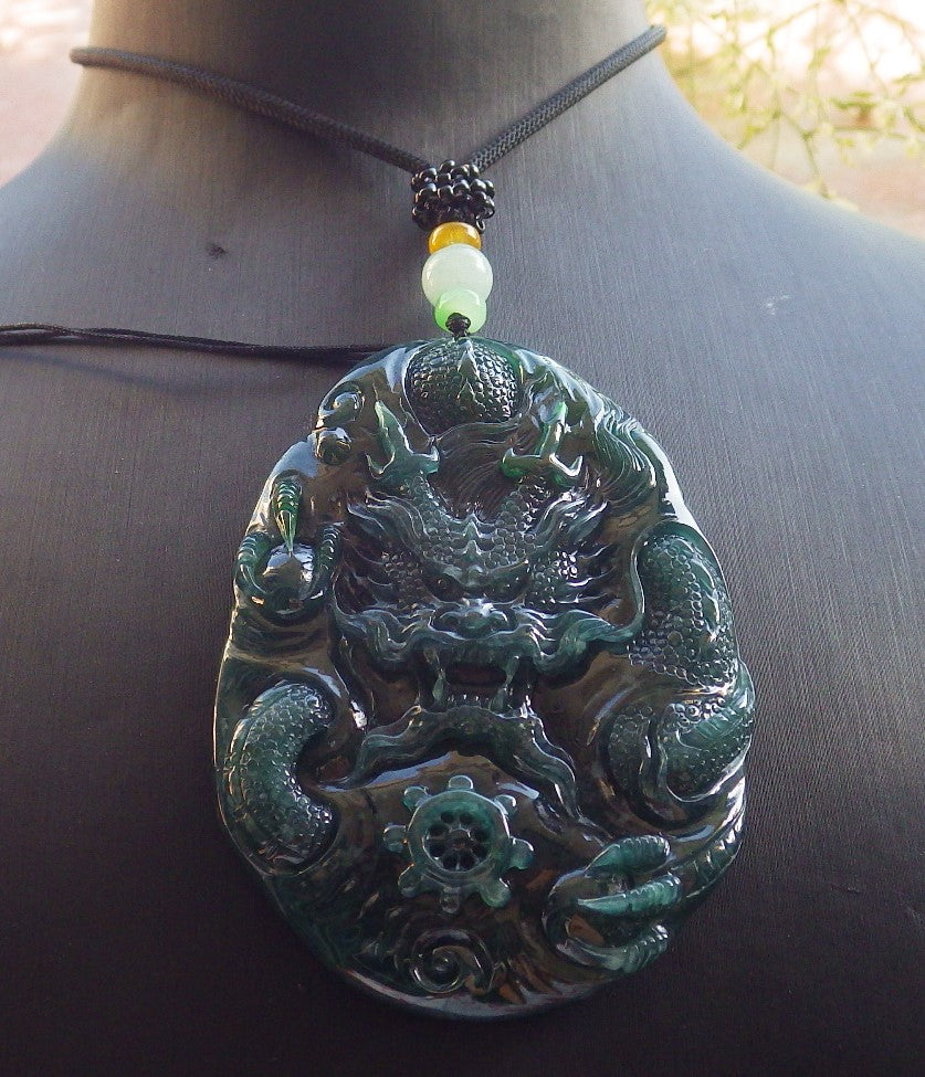 Certified Icy Blue Water Green Burma 100% Natural A Jade jadeite Pendant Dragon Bead Necklace 生意兴隆 640234 TN
