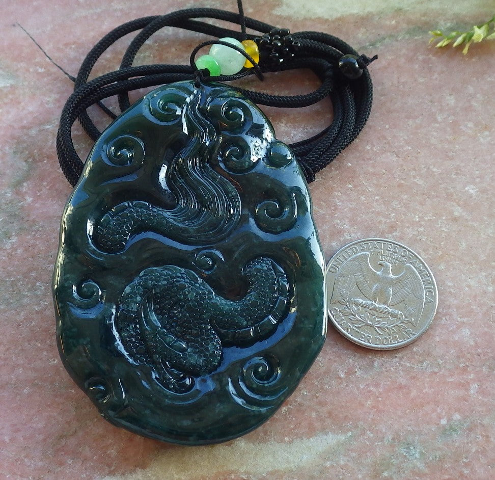 Certified Icy Blue Water Green Burma 100% Natural A Jade jadeite Pendant Dragon Bead Necklace 生意兴隆 640234 TN