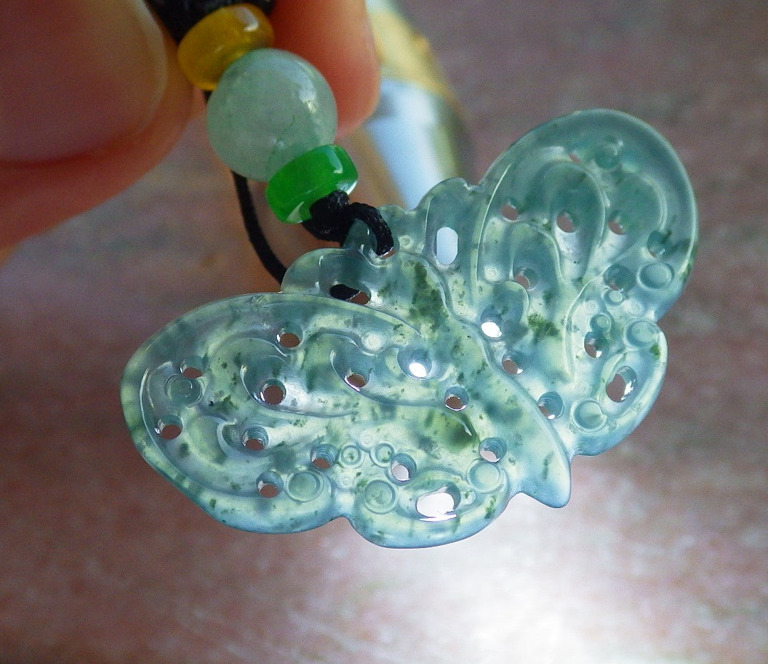 Certified Icy Green Burma 100% Natural A Jade jadeite Pendant Butterfly Neckace 蝴蝶 640291 TN