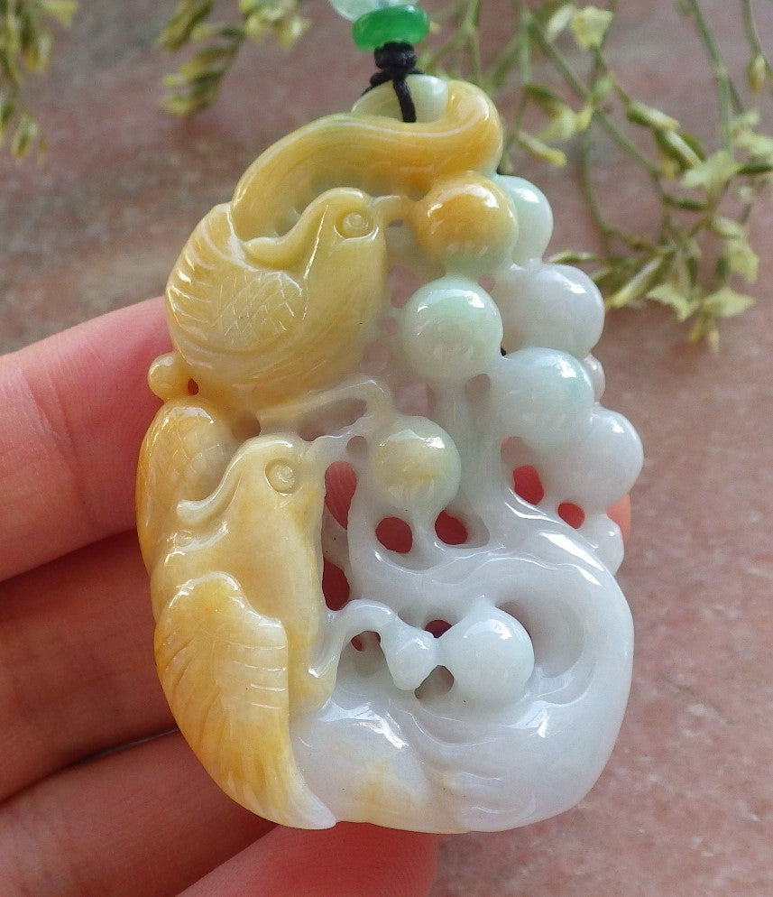 Certified Yellow Green Burma 100% Natural A Jade jadeite Pendant Phoenix Bird Tree Necklace 凤凰 640327 TN