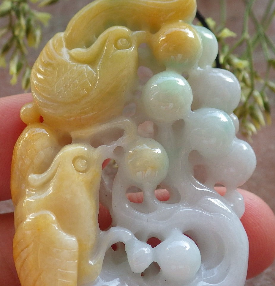 Certified Yellow Green Burma 100% Natural A Jade jadeite Pendant Phoenix Bird Tree Necklace 凤凰 640327 TN