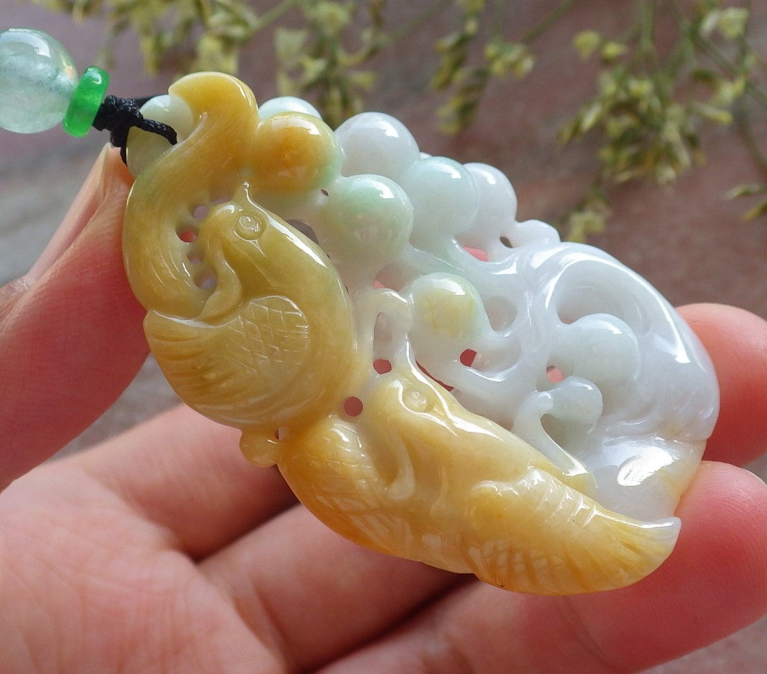 Certified Yellow Green Burma 100% Natural A Jade jadeite Pendant Phoenix Bird Tree Necklace 凤凰 640327 TN