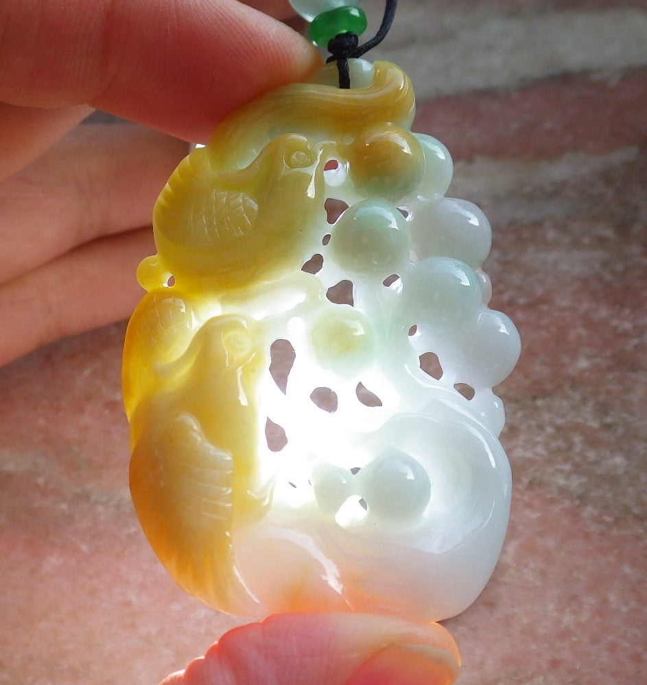 Certified Yellow Green Burma 100% Natural A Jade jadeite Pendant Phoenix Bird Tree Necklace 凤凰 640327 TN
