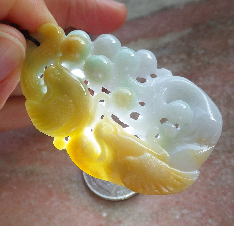 Certified Yellow Green Burma 100% Natural A Jade jadeite Pendant Phoenix Bird Tree Necklace 凤凰 640327 TN