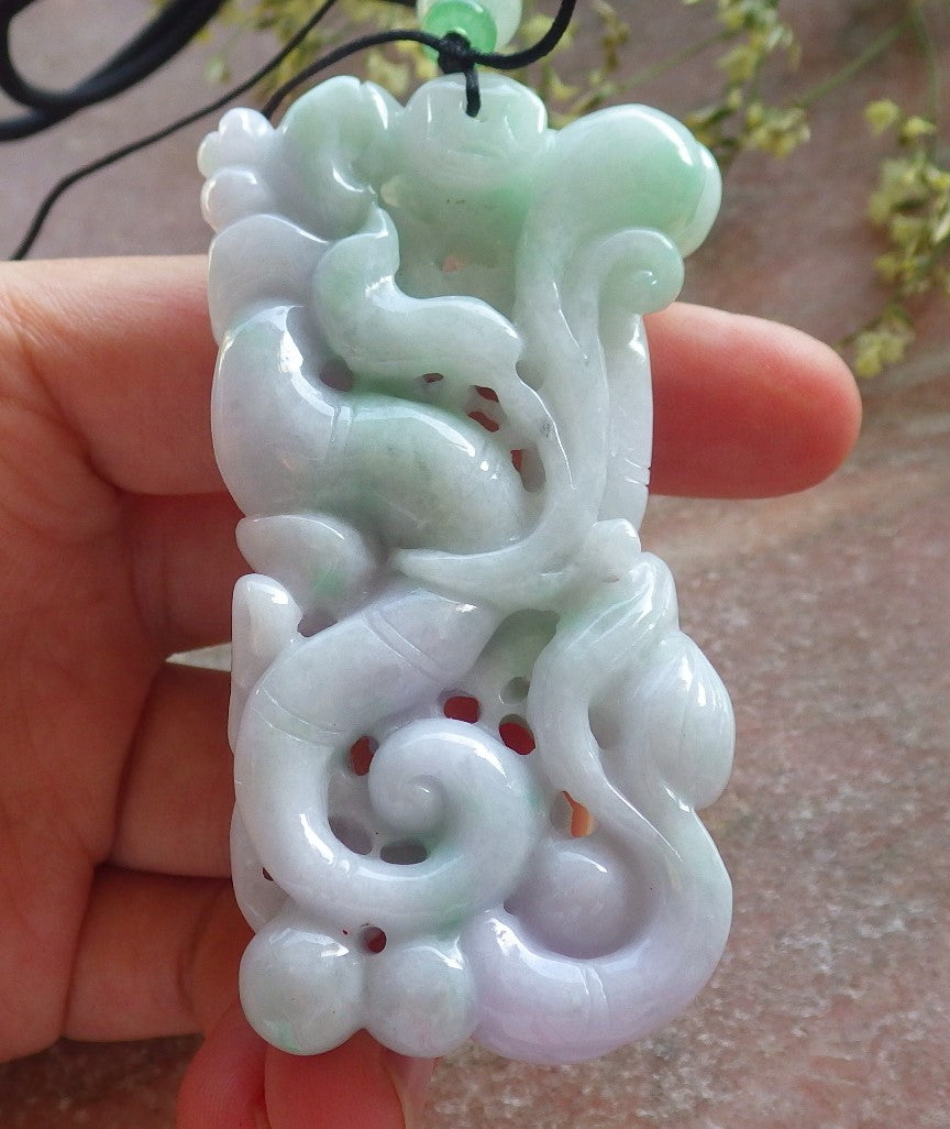 Certified Lavender Green Burma 100% Natural A Jade jadeite Pendant Dragon Gourd Coin Ruyi Necklace 生意兴隆 640336 TN