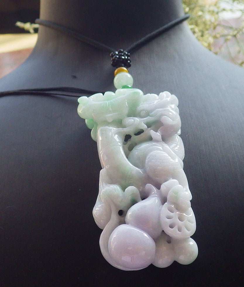 Certified Lavender Green Burma 100% Natural A Jade jadeite Pendant Dragon Gourd Coin Ruyi Necklace 生意兴隆 640336 TN
