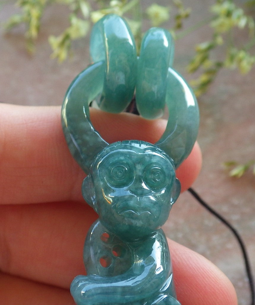 Certified Icy Green Burma 100% Natural A Jade jadeite Pendant Monkey Peach W Ring 猴子 640407 TN