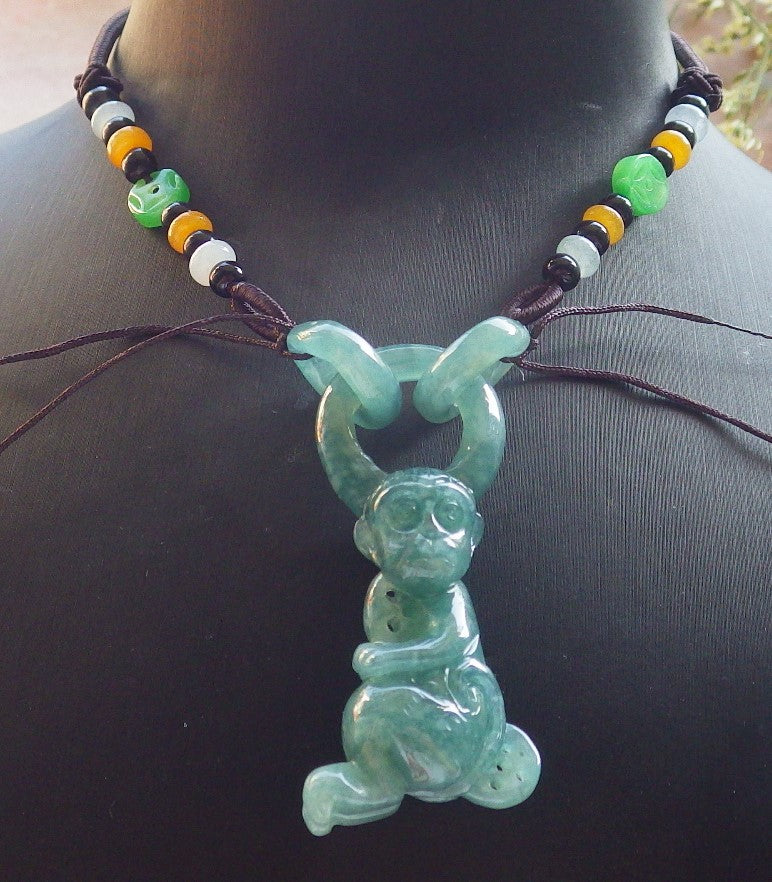 Certified Icy Green Burma 100% Natural A Jade jadeite Pendant Monkey Peach W Ring 猴子 640407 TN