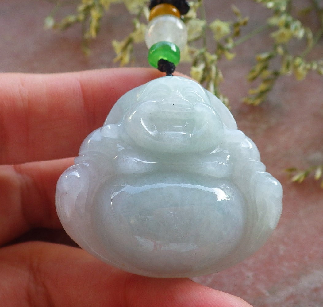 Certified Icy Green Burma 100% Natural A Jade jadeite pendant Happy Buddha God Necklace 开心佛 640415 TN