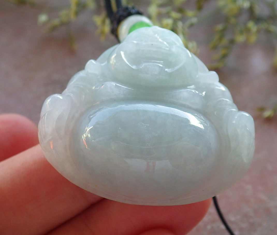 Certified Icy Green Burma 100% Natural A Jade jadeite pendant Happy Buddha God Necklace 开心佛 640415 TN