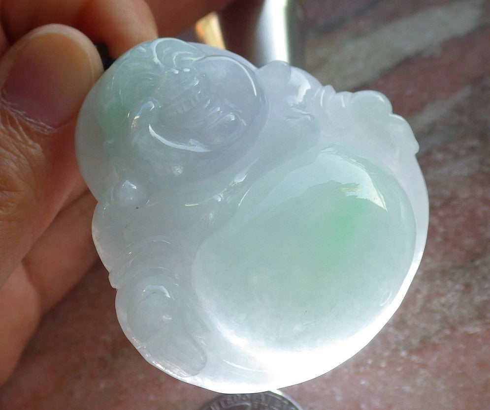 Certified Icy Green Pale Lavender Burma 100% Natural A Jade jadeite pendant Happy Buddha God Necklace 开心佛 640448 TN