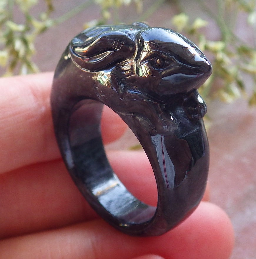 Certified Black Burma 100% Natural A JADE Jadeite Rabbit RING USA. 10.25 兔子戒指 640457 TN